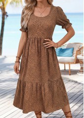 Dark Coffee Leopard Shirred Short Sleeve Scoop Neck Dress | thumb picture 
