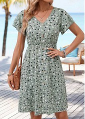 Sage Green Polka Dot Short Shirred V Neck Dress | thumb picture 