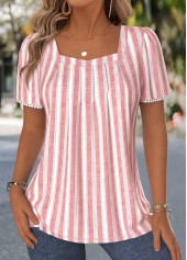 Pink Striped Pleated Short Sleeve Square Neck T Shirt