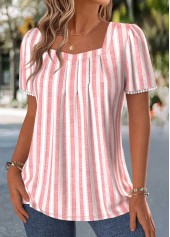 Pink Striped Pleated Short Sleeve Square Neck T Shirt | thumb picture 