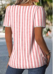 Pink Striped Pleated Short Sleeve Square Neck T Shirt | thumb picture 