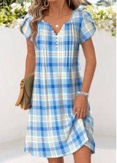 Blue Plaid Short Tuck Stitch Split Neck Dress