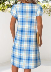 Blue Plaid Short Tuck Stitch Split Neck Dress | thumb picture 