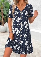 Navy Floral Print Short Tummy Coverage V Neck Dress