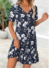 Navy Floral Print Short Tummy Coverage V Neck Dress | thumb picture 