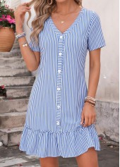 Blue Striped Short Shirred V Neck Dress
