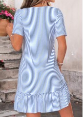 Blue Striped Short Shirred V Neck Dress | thumb picture 
