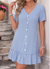 Blue Striped Short Shirred V Neck Dress | thumb picture 