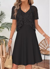 Black Two-piece Short Sleeve V Neck Dress and Cardigan