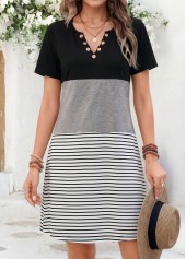 Black Striped Short Patchwork Split Neck Dress | thumb picture 