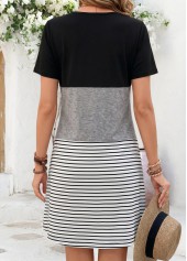 Black Striped Short Patchwork Split Neck Dress | thumb picture 
