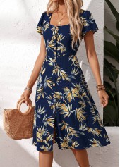 Navy Leaf Print Tummy Coverage Short Sleeve Dress | thumb picture 