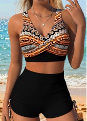 Black Mid Waisted Surplice Tribal Print Bikini Set