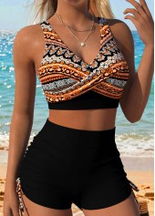 Black Mid Waisted Surplice Tribal Print Bikini Set | thumb picture 