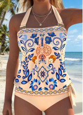 Beige Mid Waisted Bowknot Random Floral Print Tankini Set