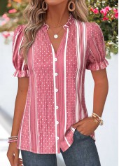 Pink Geometric Print Ruffle Short Sleeve Split Neck Blouse