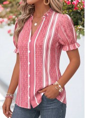 Pink Geometric Print Ruffle Short Sleeve Split Neck Blouse | thumb picture 