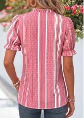 Pink Geometric Print Ruffle Short Sleeve Split Neck Blouse | thumb picture 