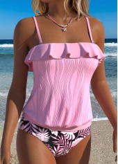 Pink Mid Waisted Ruffle Floral Print Tankini Set