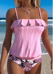 Pink Mid Waisted Ruffle Floral Print Tankini Set | thumb picture 