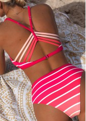 Coral Mid Waisted Lace Up Striped Bikini Set | thumb picture 
