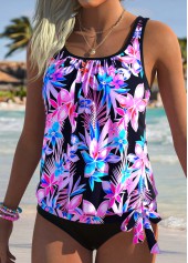 Multi Color Blouson Tropical Plants Print Tankini Top-No Bottom | thumb picture 