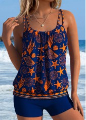 Navy Mid Waisted Blouson Marine Life Print Tankini Set