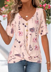 Pink Floral Print Surplice Short Sleeve T Shirt