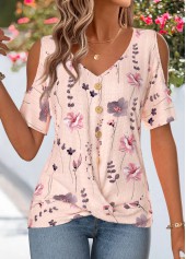 Pink Floral Print Surplice Short Sleeve T Shirt | thumb picture 