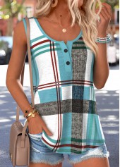 Green Plaid Button Sleeveless Round Neck Tank Top