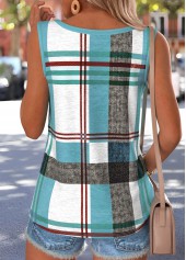 Green Plaid Button Sleeveless Round Neck Tank Top | thumb picture 