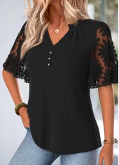 Black Ruffle Half Sleeve Split Neck T Shirt | thumb picture 