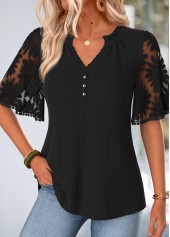 Black Ruffle Half Sleeve Split Neck T Shirt
