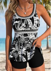 Black Patchwork Tropical Plants Print Tankini Top-No Bottom