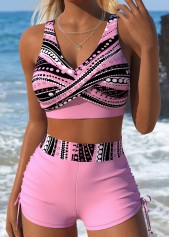 Pink Mid Waisted Surplice Tribal Print Bikini Set