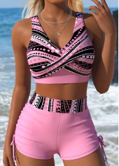 Pink Mid Waisted Surplice Tribal Print Bikini Set | thumb picture 