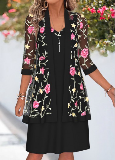 women clothes image of Black Two-piece 3/4 Sleeve V Neck Dress and Cardigan