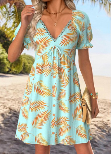 women clothes image of Cyan Leaf Print Short Bowknot V Neck Dress