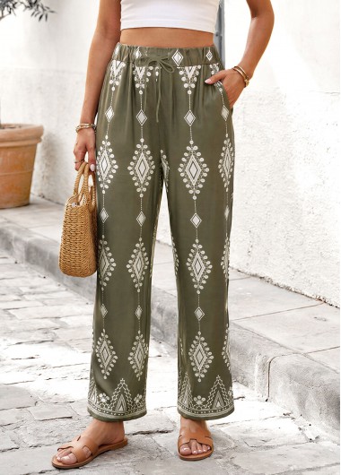 women clothes image of Olive Green Tribal Print Straight Leg Elastic Waist Pants