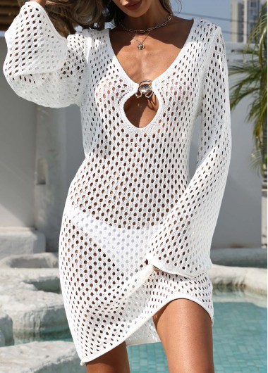 women clothes image of Hollow Out V Neck White Cover Up