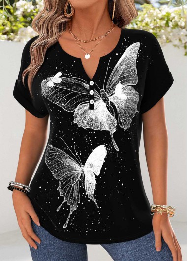 women clothes image of Black Butterfly Print Tummy Coverage Short Sleeve Blouse