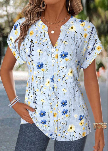 women clothes image of Light Blue Floral Print Patchwork Short Sleeve Blouse