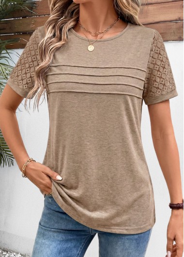 women clothes image of Light Coffee Patchwork Short Sleeve Round Neck T Shirt