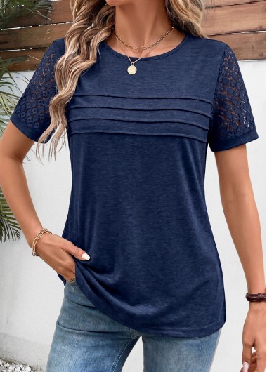 women clothes image of Navy Patchwork Short Sleeve Round Neck T Shirt