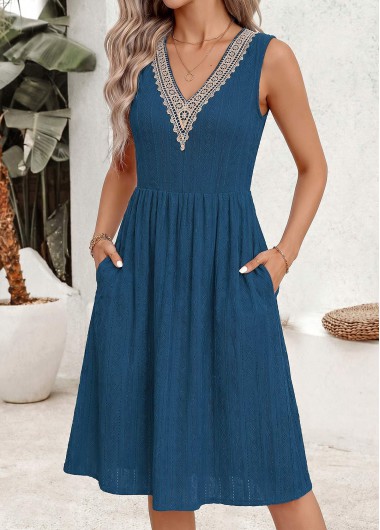 women clothes image of Peacock Blue Shirred Sleeveless V Neck Dress