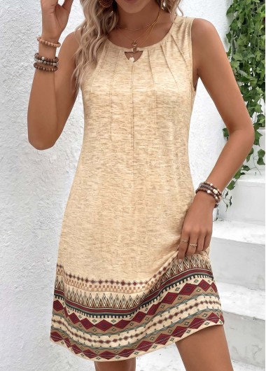 women clothes image of Light Camel Tribal Print Tuck Stitch Sleeveless Dress