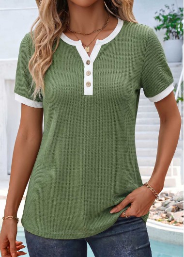 women clothes image of Olive Green Patchwork Short Sleeve Split Neck T Shirt