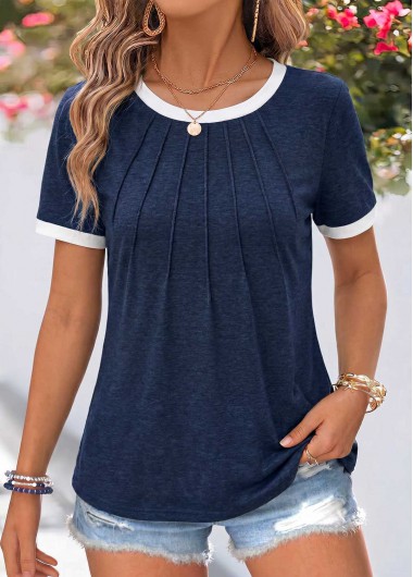 women clothes image of Navy Patchwork Short Sleeve Round Neck T Shirt