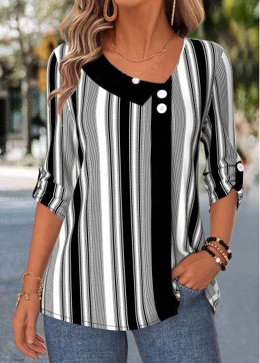 women clothes image of Black Geometric Print Patchwork 3/4 Sleeve Asymmetrical Neck Blouse