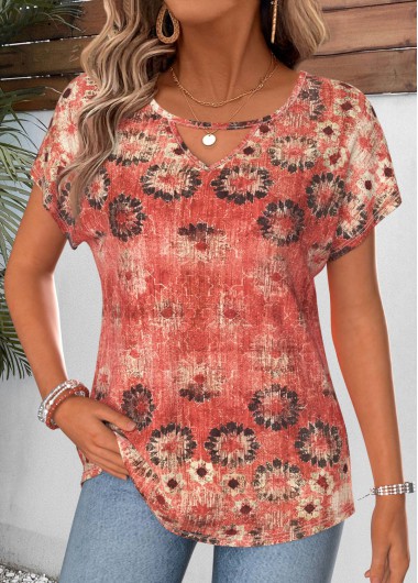 women clothes image of Red Tribal Print Tummy Coverage Short Sleeve T Shirt
